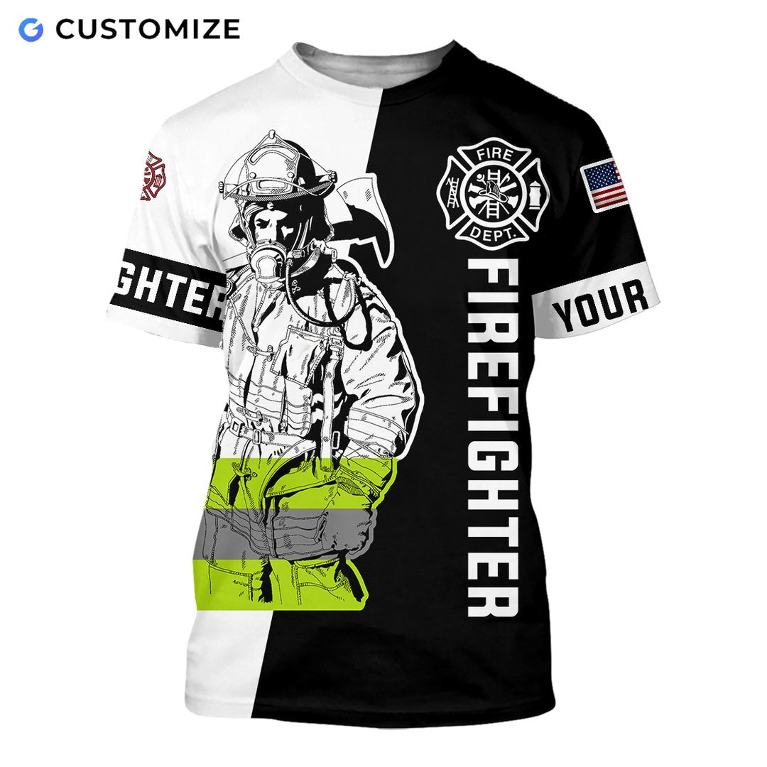 Personalized firefighter t-shirt featuring black and white firefighter all-over print, short-sleeve design