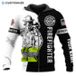 Personalized firefighter zip hoodie featuring black and white firefighter all-over print, zip-front design