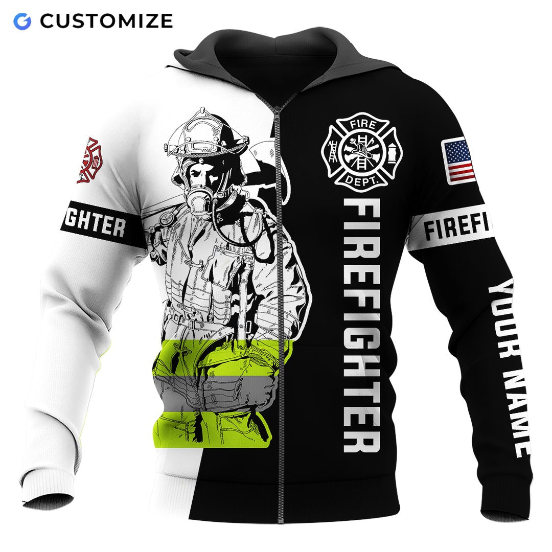 Personalized firefighter zip hoodie featuring black and white firefighter all-over print, zip-front design