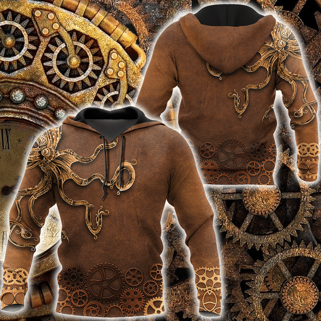 Personalized mechanic hoodie featuring brown steampunk gears all-over print