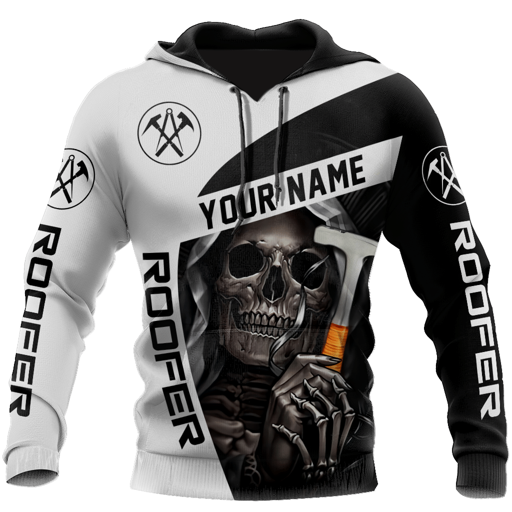 Roofer hoodie featuring black white roofer skull all-over print