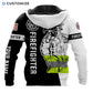 Personalized firefighter hoodie featuring black and white firefighter all-over print, back view