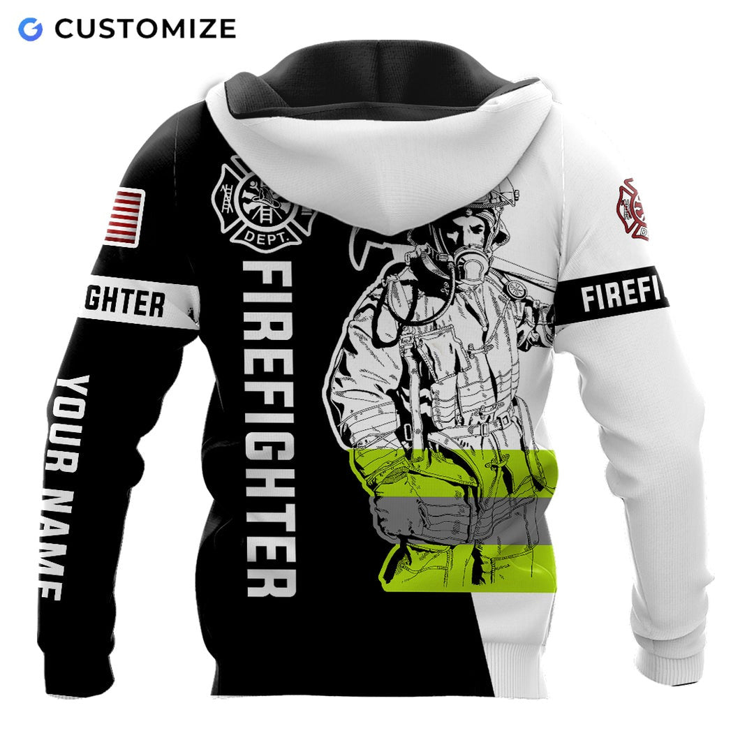 Personalized firefighter hoodie featuring black and white firefighter all-over print, back view