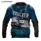 Personalized trucker hoodie featuring blue lightning semi truck all-over print, back view