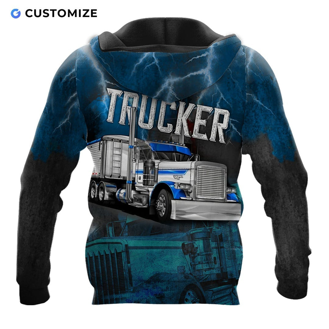 Personalized trucker hoodie featuring blue lightning semi truck all-over print, back view