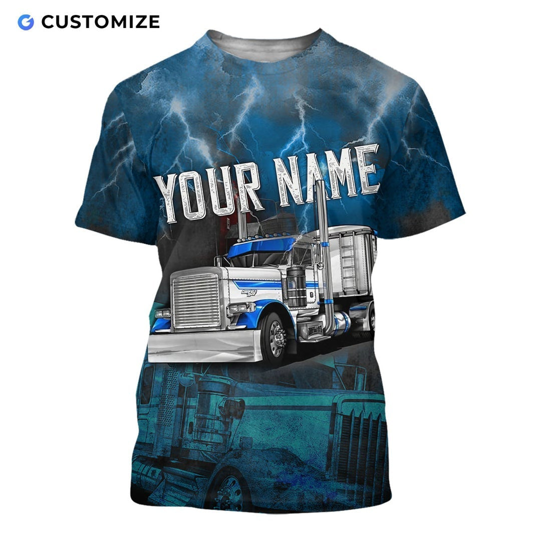 Personalized trucker t-shirt featuring blue lightning semi truck all-over print, short-sleeve design