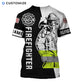 Personalized firefighter t-shirt featuring black and white firefighter all-over print, back view