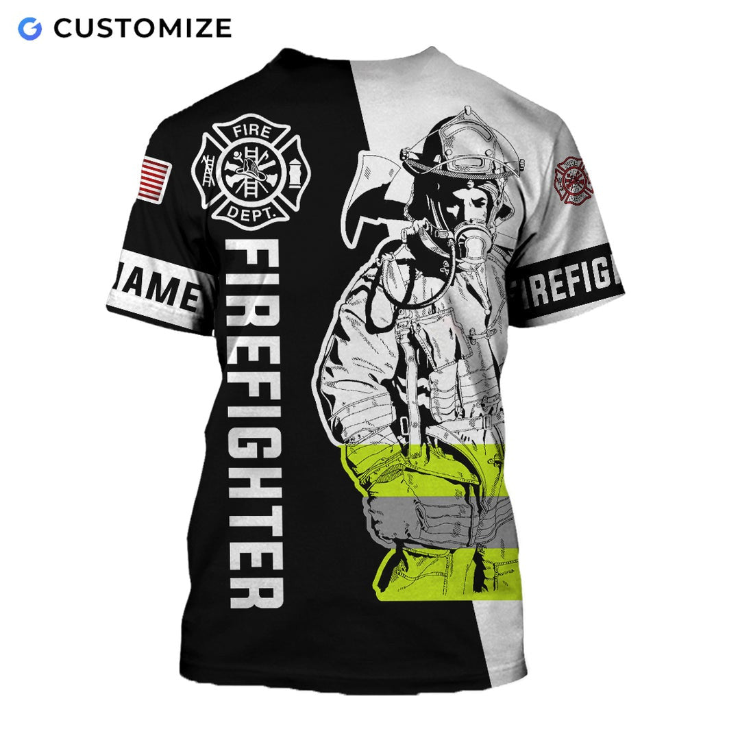 Personalized firefighter t-shirt featuring black and white firefighter all-over print, back view