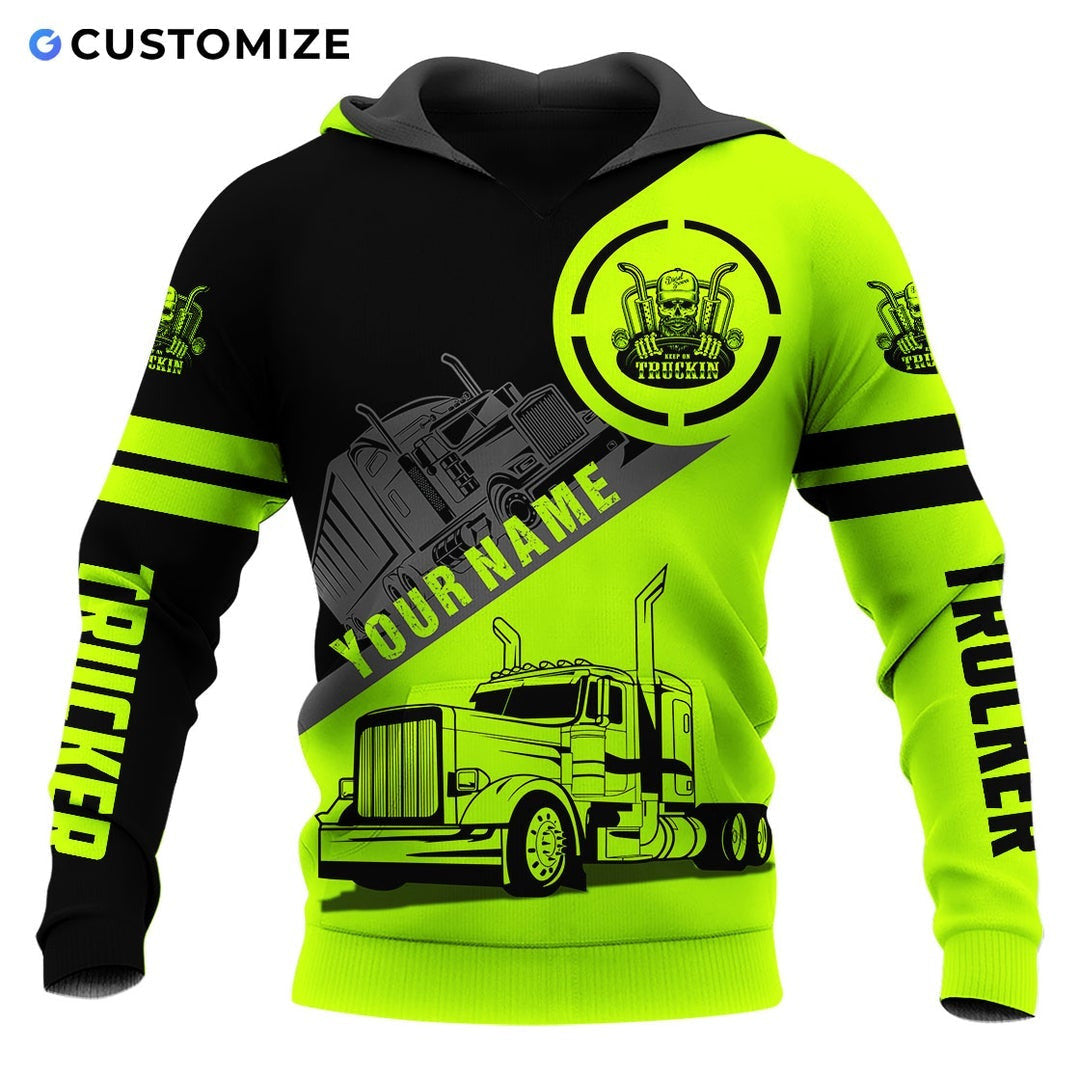 Personalized trucker hoodie featuring black neon yellow trucker badge all-over print