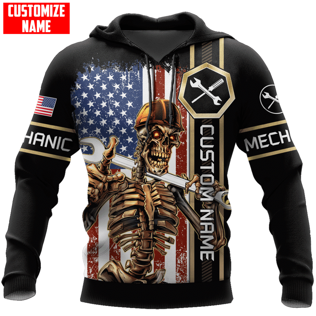 Personalized mechanic hoodie featuring american flag mechanic skeleton all-over print