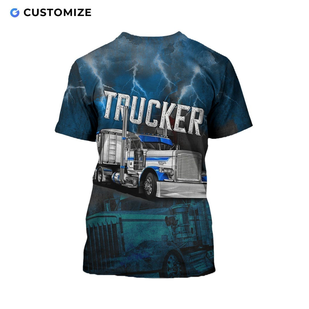Personalized trucker t-shirt featuring blue lightning semi truck all-over print, back view