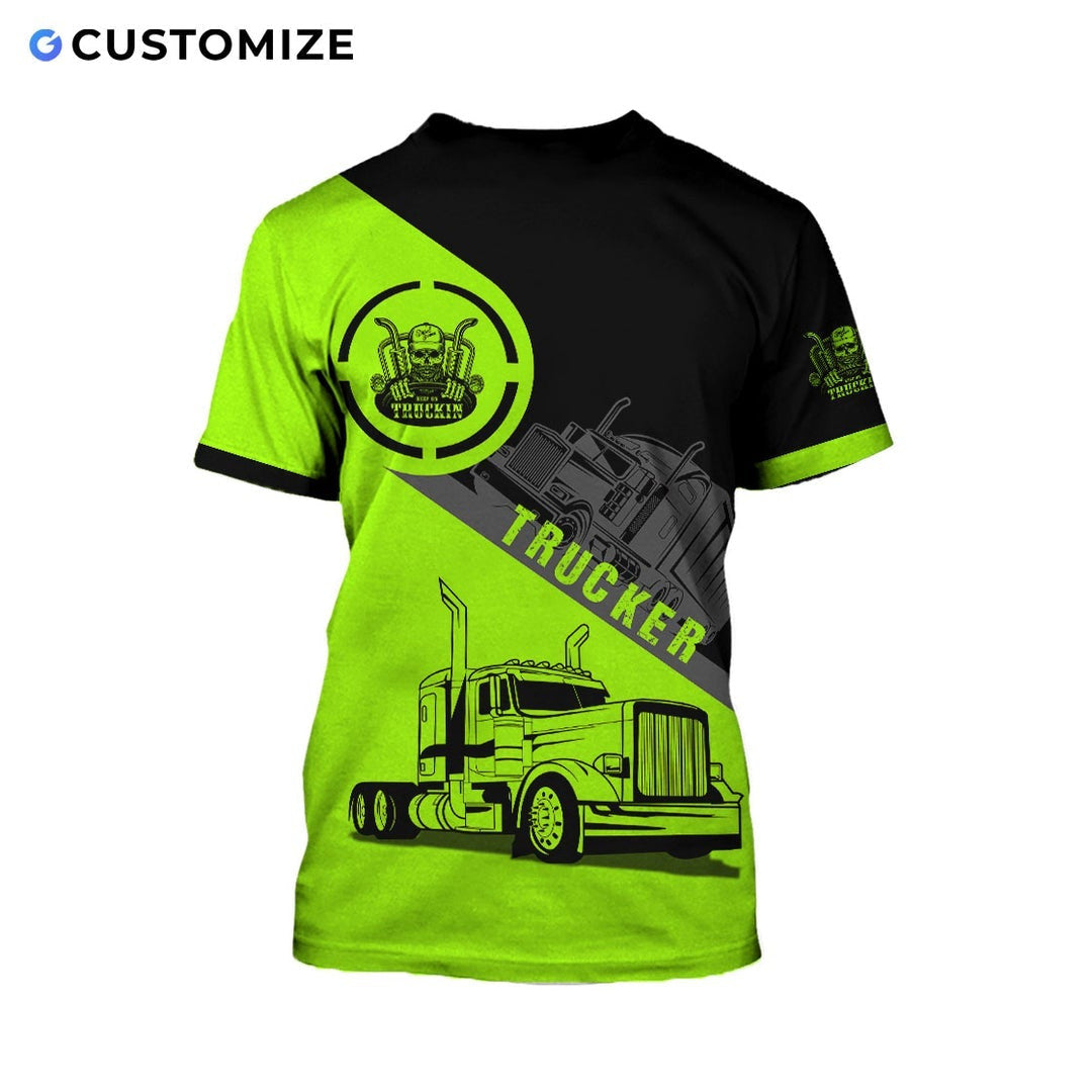 Personalized trucker t-shirt featuring black neon yellow trucker badge all-over print, back view