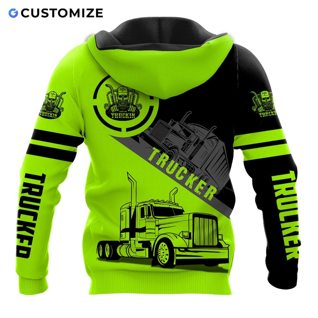 Personalized trucker hoodie featuring black neon yellow trucker badge all-over print, back view