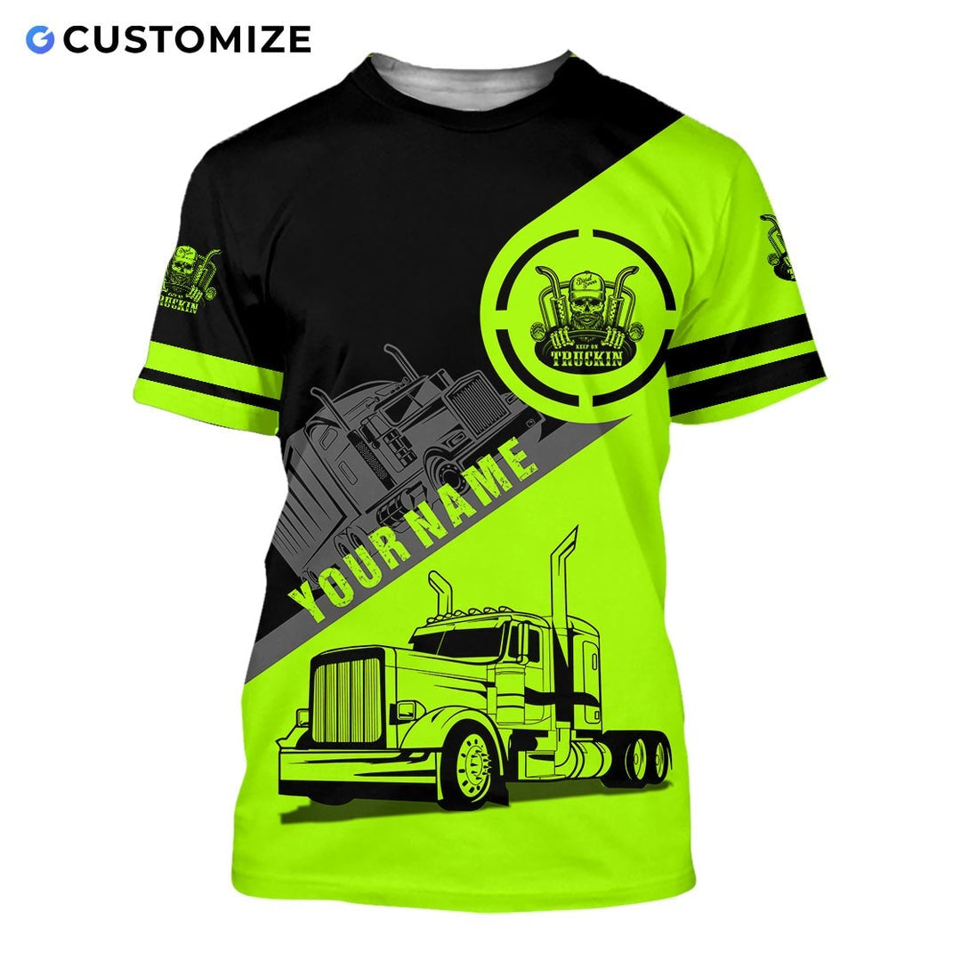 Personalized trucker t-shirt featuring black neon yellow trucker badge all-over print, short-sleeve design