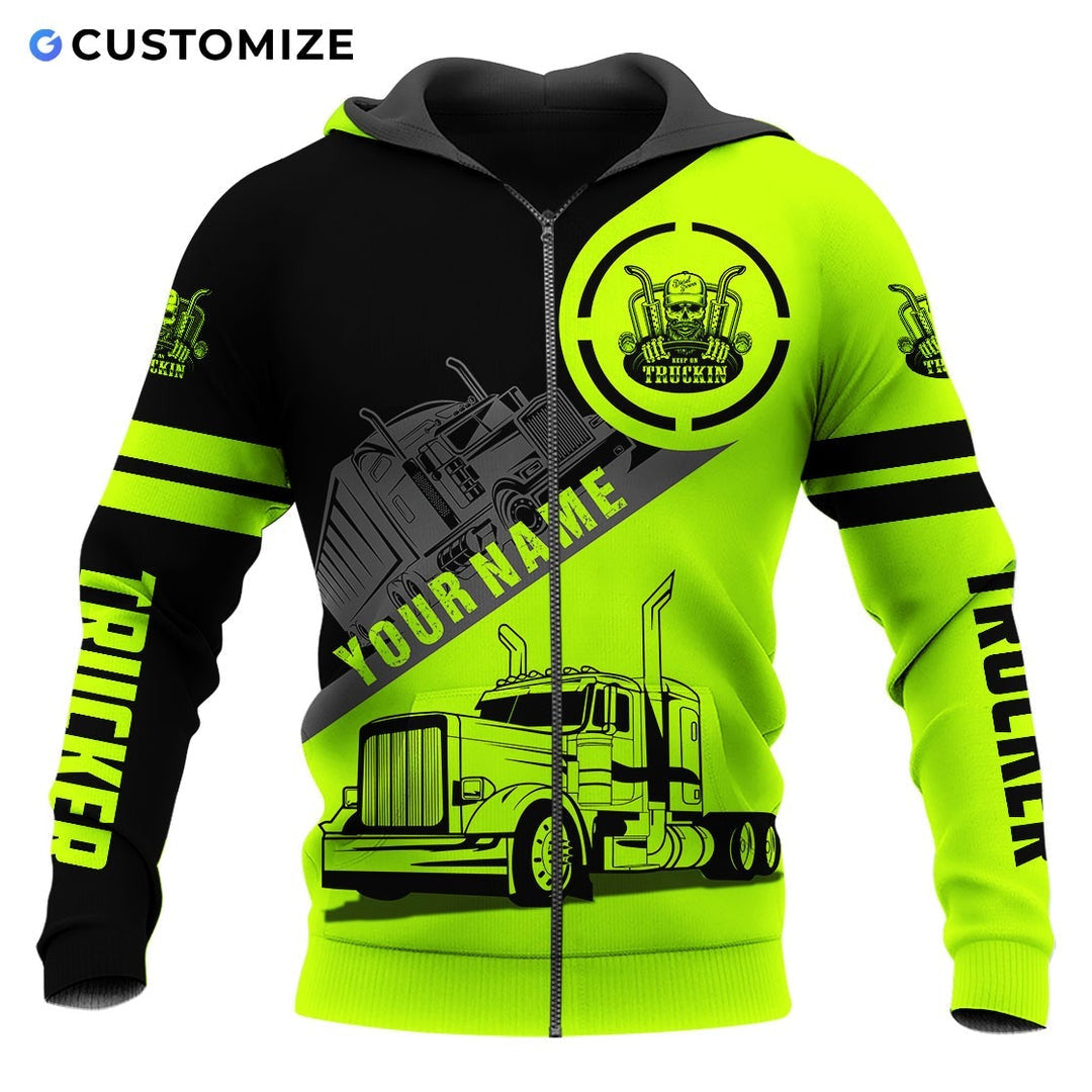 Personalized trucker zip hoodie featuring black neon yellow trucker badge all-over print, zip-front design