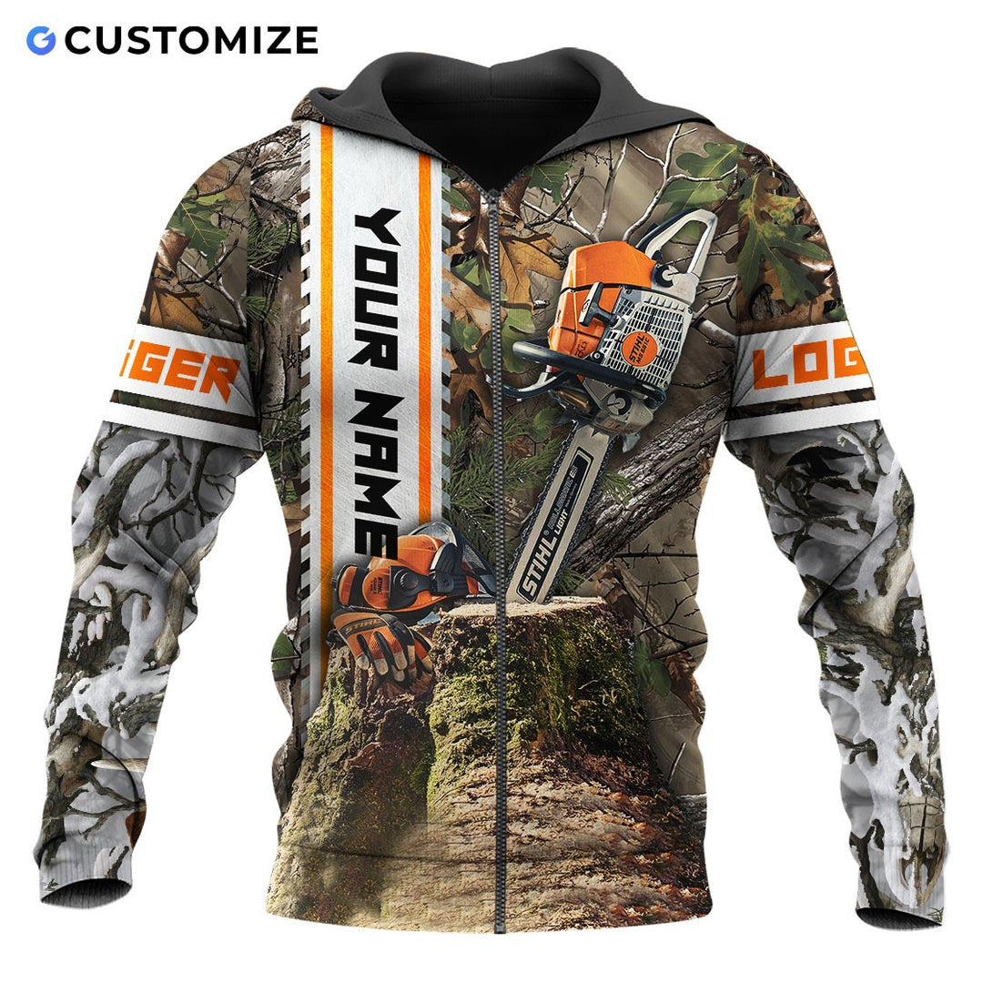 Personalized logger zip hoodie featuring woodland camo chainsaw all-over print, zip-front design