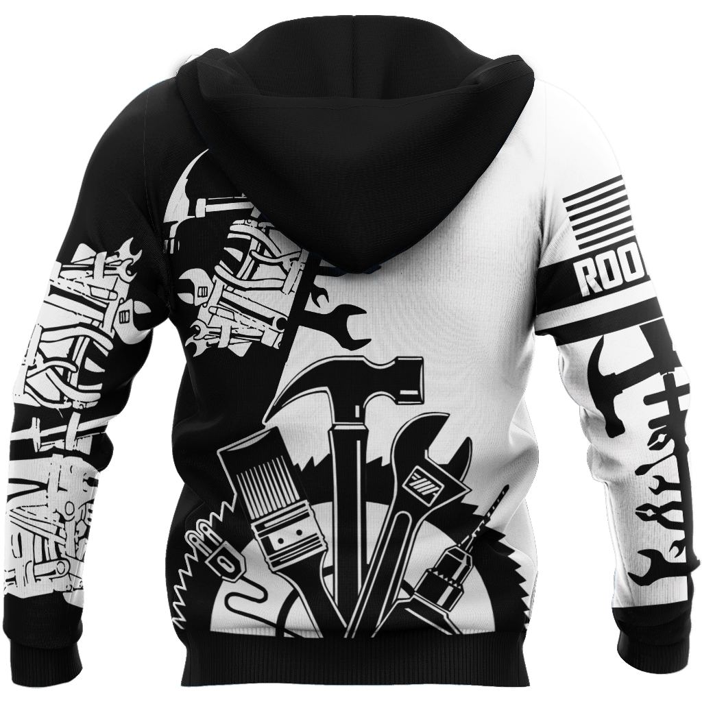 Roofer apparel featuring black white tools all-over print