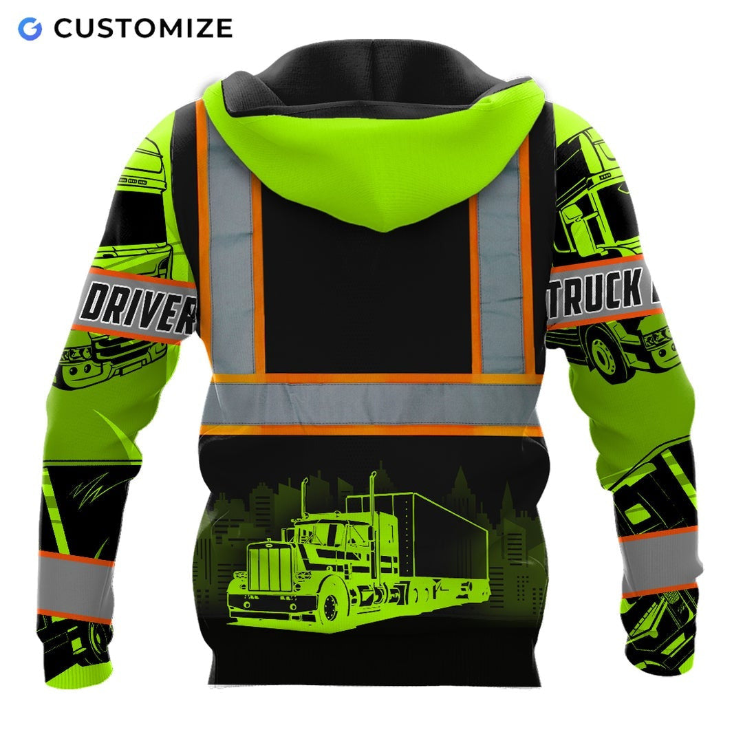 Personalized trucker hoodie featuring black vest print neon yellow sleeves all-over print, back view