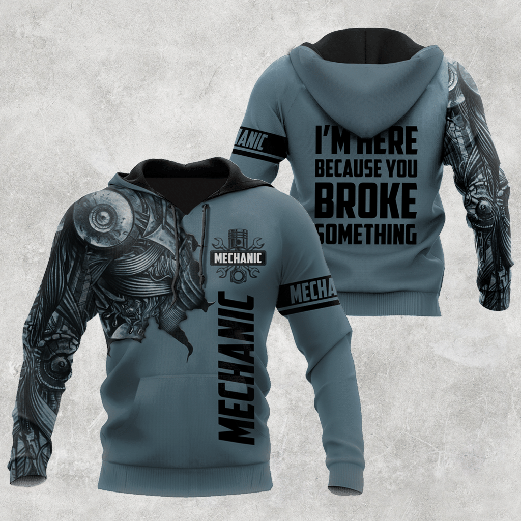 Personalized mechanic hoodie featuring grey mechanical skull all-over print