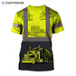 Personalized trucker t-shirt featuring yellow black semi truck panels all-over print, back view