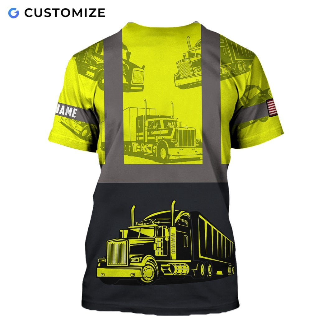 Personalized trucker t-shirt featuring yellow black semi truck panels all-over print, back view