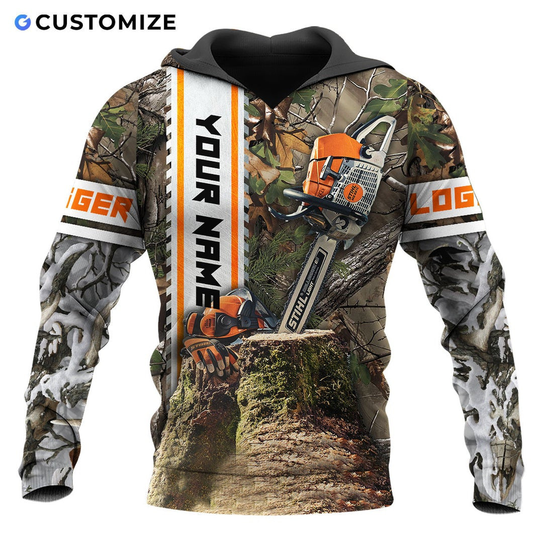 Personalized logger hoodie featuring woodland camo chainsaw all-over print