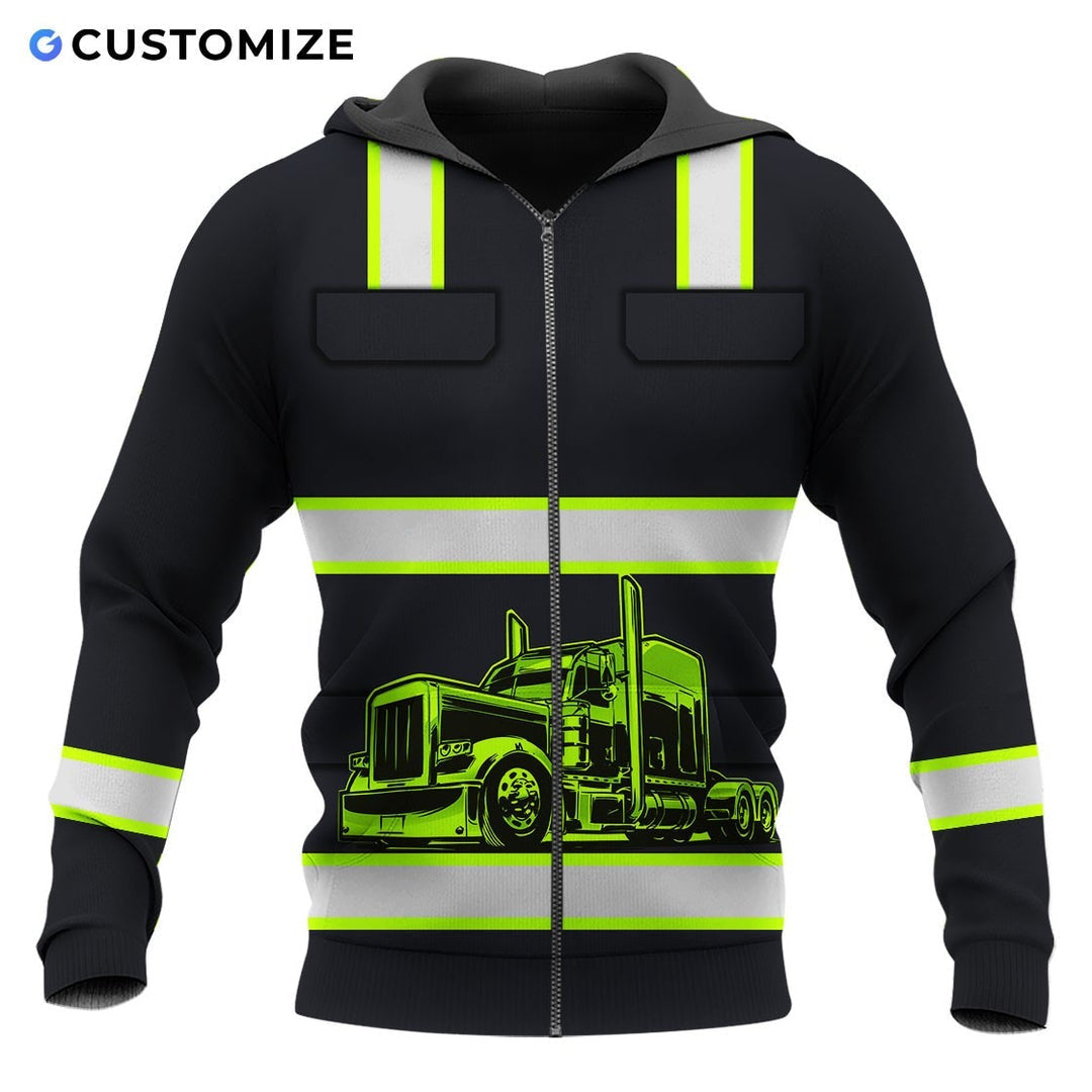 Personalized trucker zip hoodie featuring black yellow stripe semi truck all-over print, zip-front design