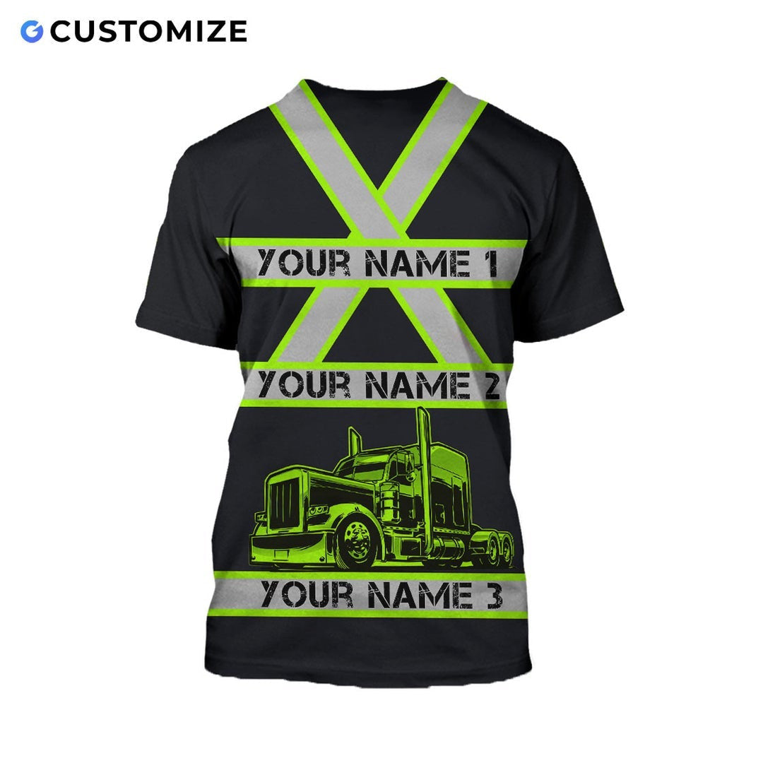 Personalized trucker t-shirt featuring black yellow stripe semi truck all-over print, back view