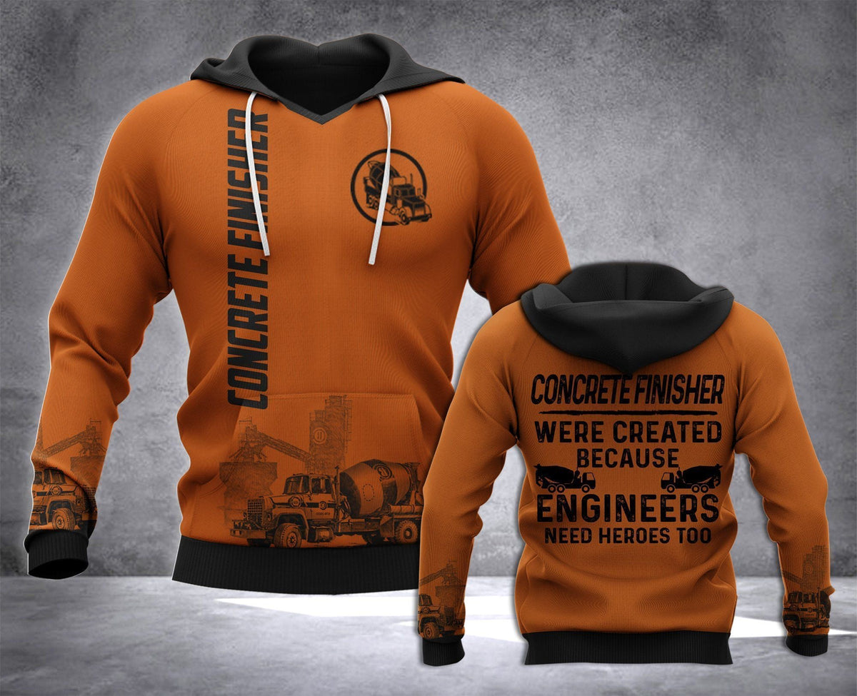 Concrete finisher hoodie featuring orange concrete mixer and engineers quote all-over print