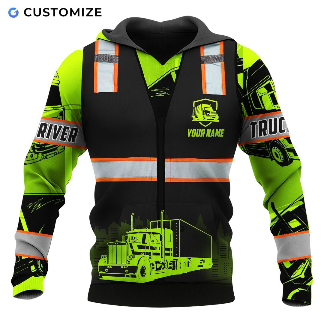 Personalized trucker hoodie featuring black vest print neon yellow sleeves all-over print