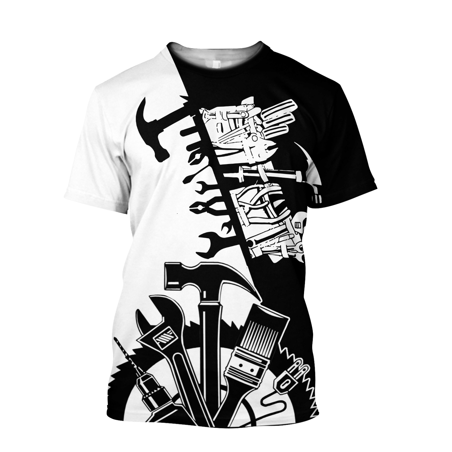 Roofer t-shirt featuring black white tools all-over print