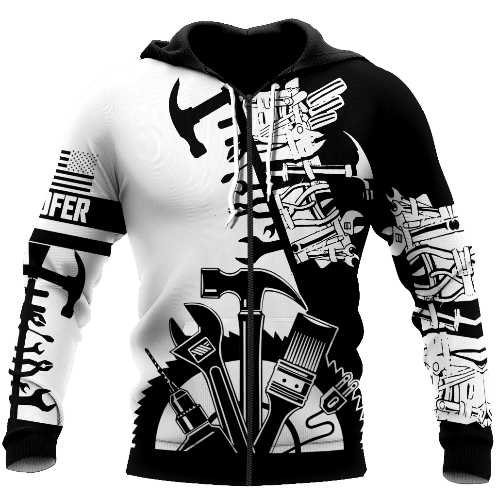 Roofer zip hoodie featuring black white tools all-over print