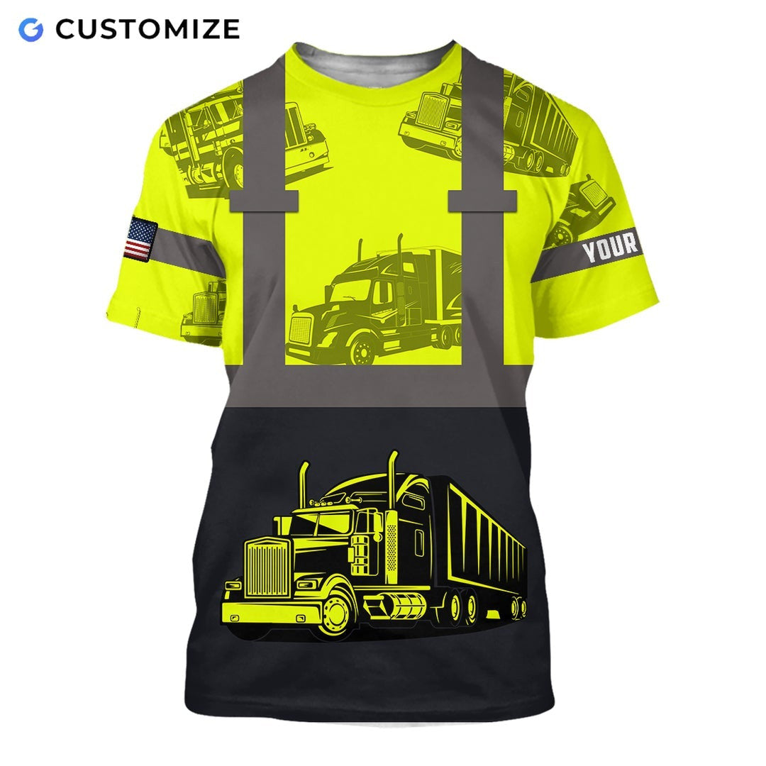 Personalized trucker t-shirt featuring yellow black semi truck panels all-over print, short-sleeve design