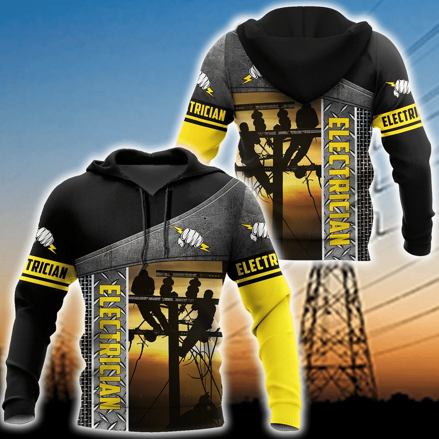 Personalized electrician zip hoodie featuring yellow sunset powerlines all-over print