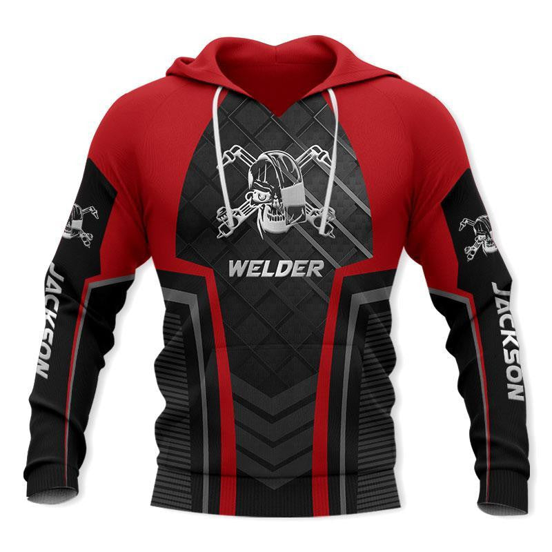Personalized welder hoodie featuring red black welding helmet badge all-over print