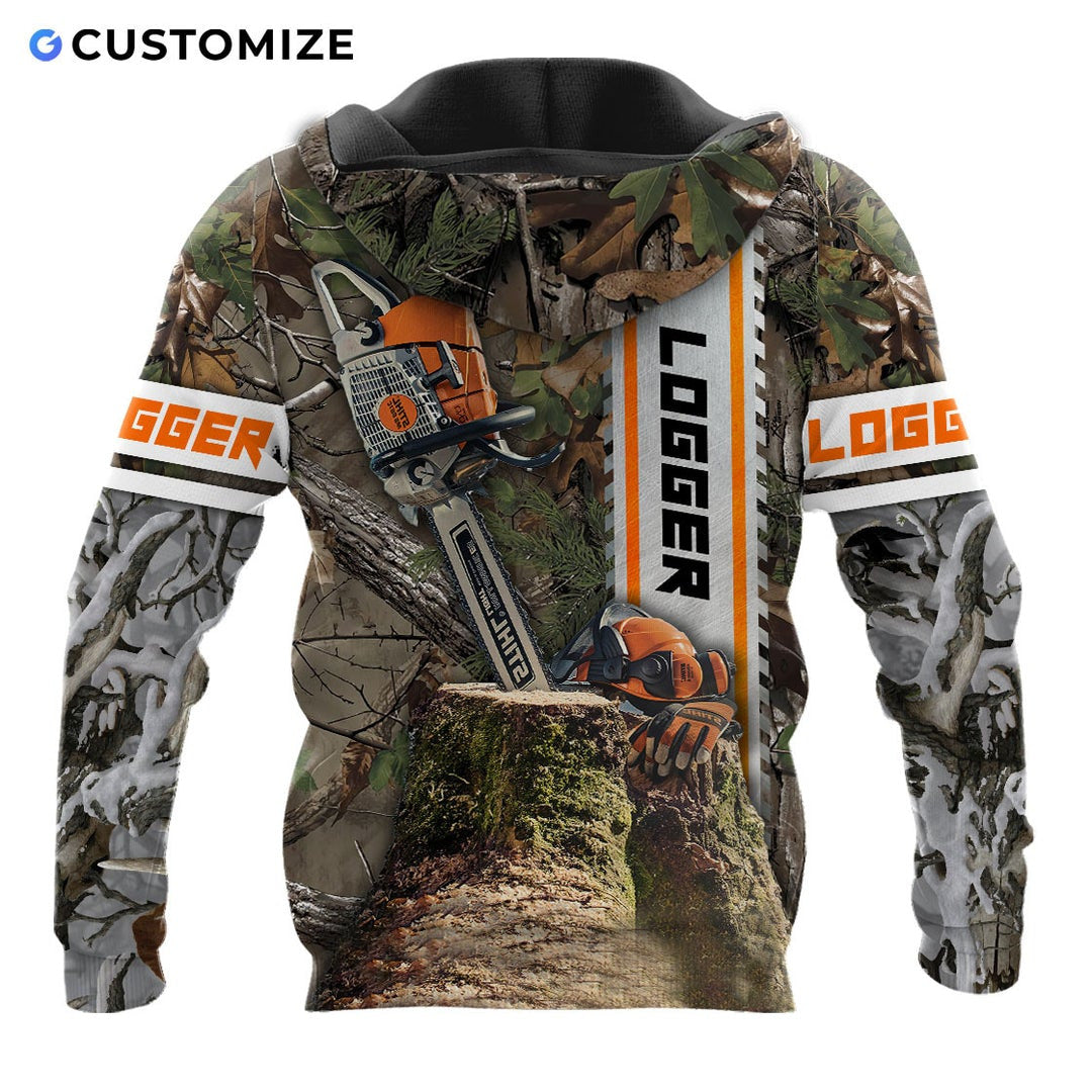 Personalized logger hoodie featuring woodland camo chainsaw all-over print, back view