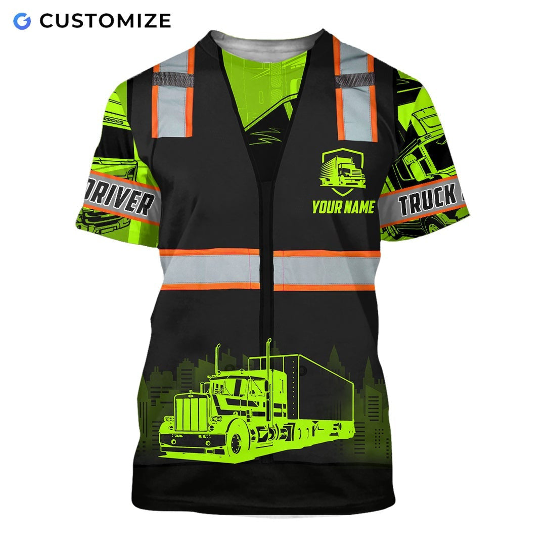 Personalized trucker t-shirt featuring black vest print neon yellow sleeves all-over print, short-sleeve design