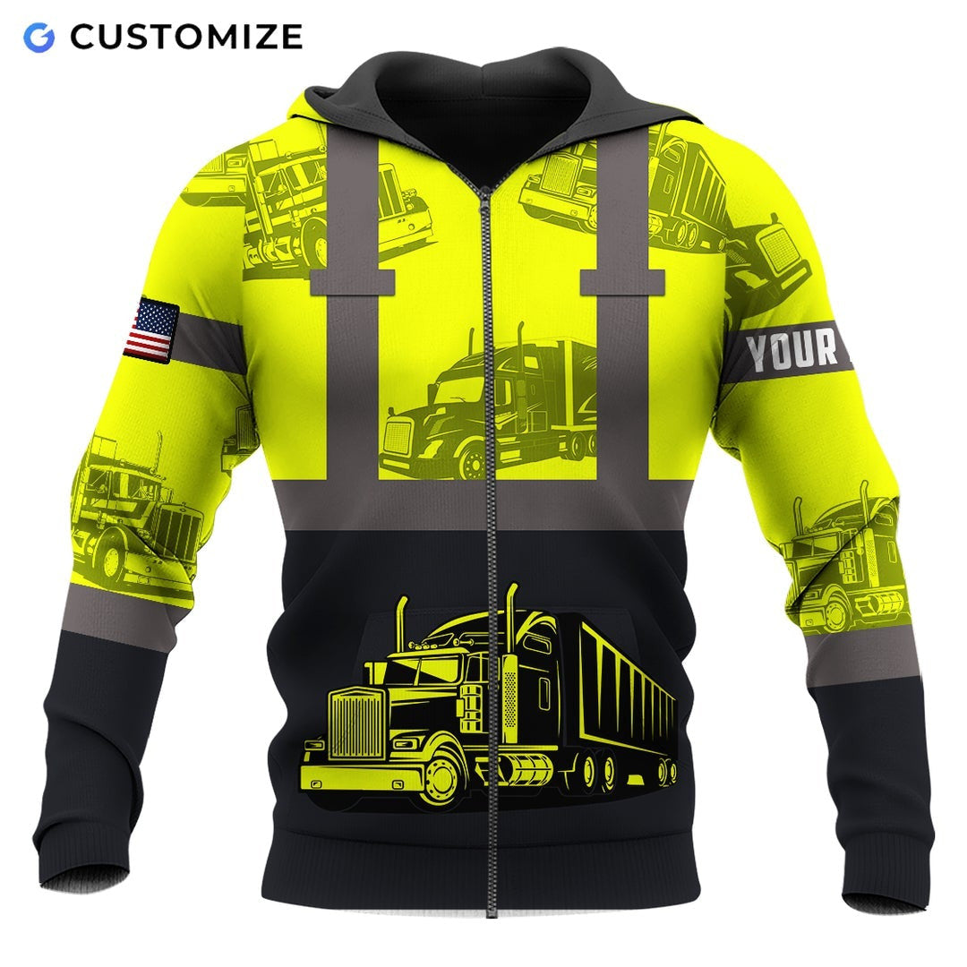 Personalized trucker zip hoodie featuring yellow black semi truck panels all-over print, zip-front design