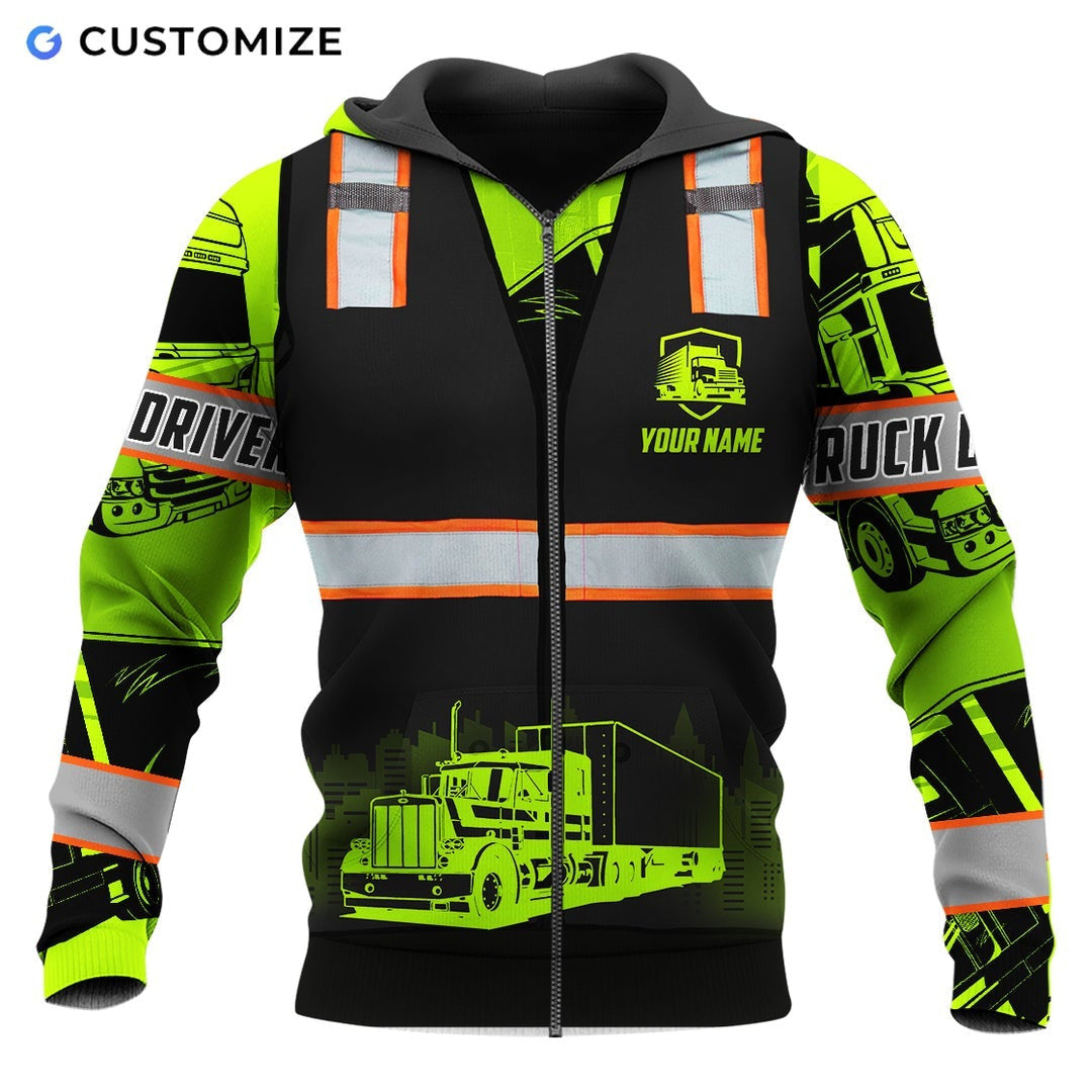 Personalized trucker zip hoodie featuring black vest print neon yellow sleeves all-over print, zip-front design