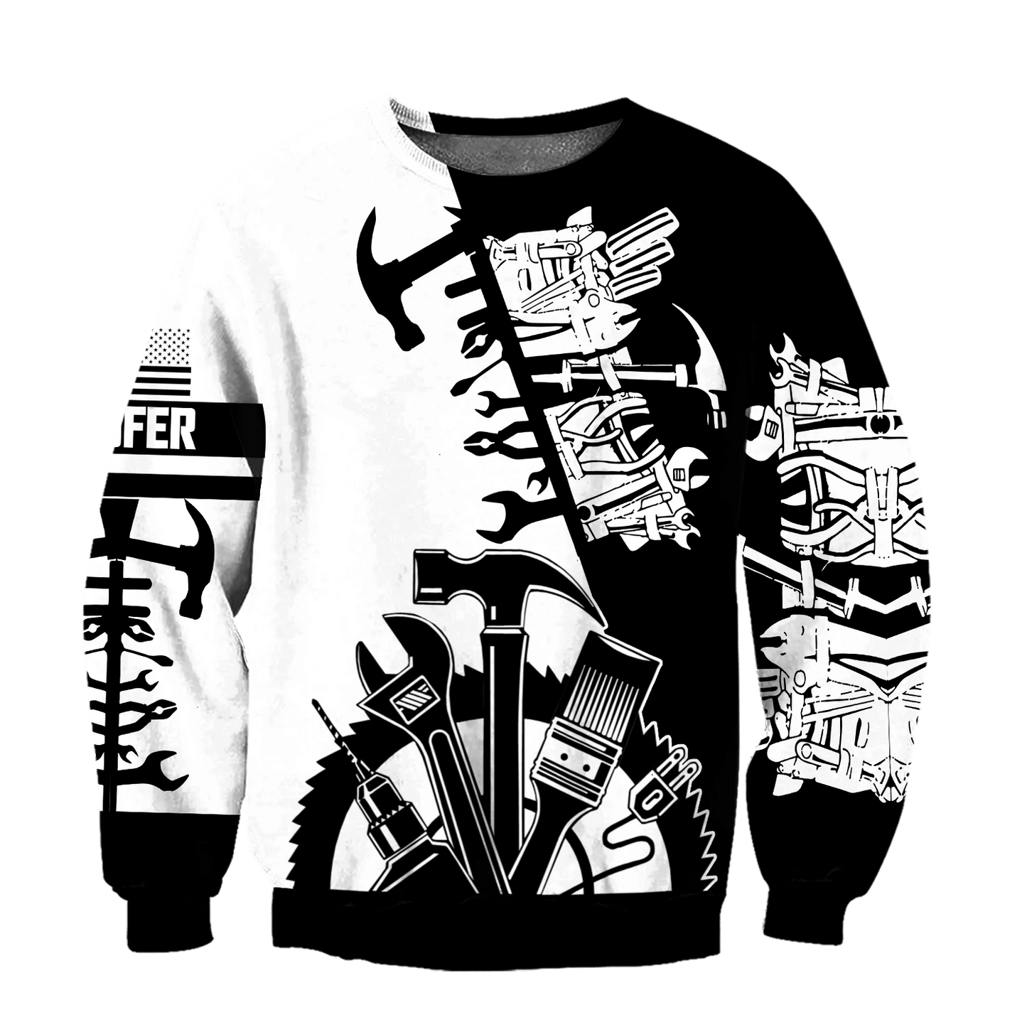 Roofer sweatshirt featuring black white tools all-over print