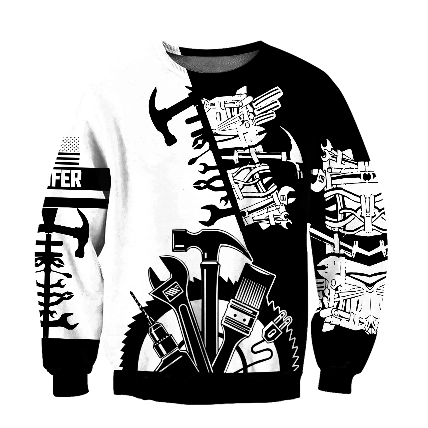 Roofer sweatshirt featuring black white tools all-over print