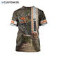 Personalized logger t-shirt featuring woodland camo chainsaw all-over print, back view