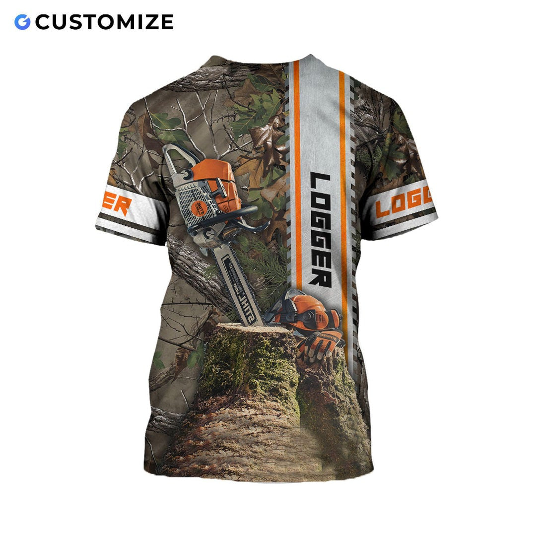 Personalized logger t-shirt featuring woodland camo chainsaw all-over print, back view
