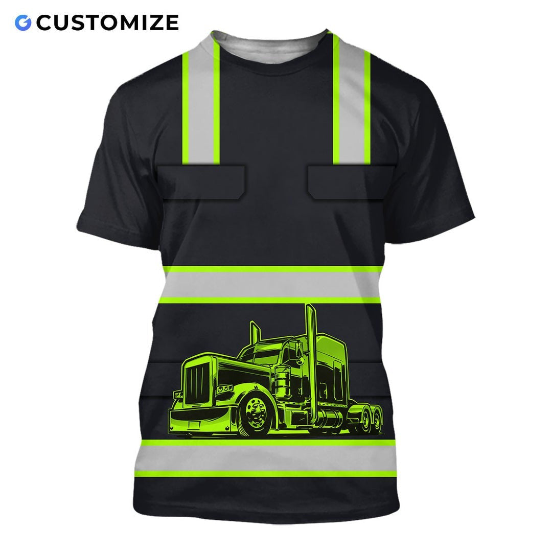 Personalized trucker t-shirt featuring black yellow stripe semi truck all-over print, short-sleeve design
