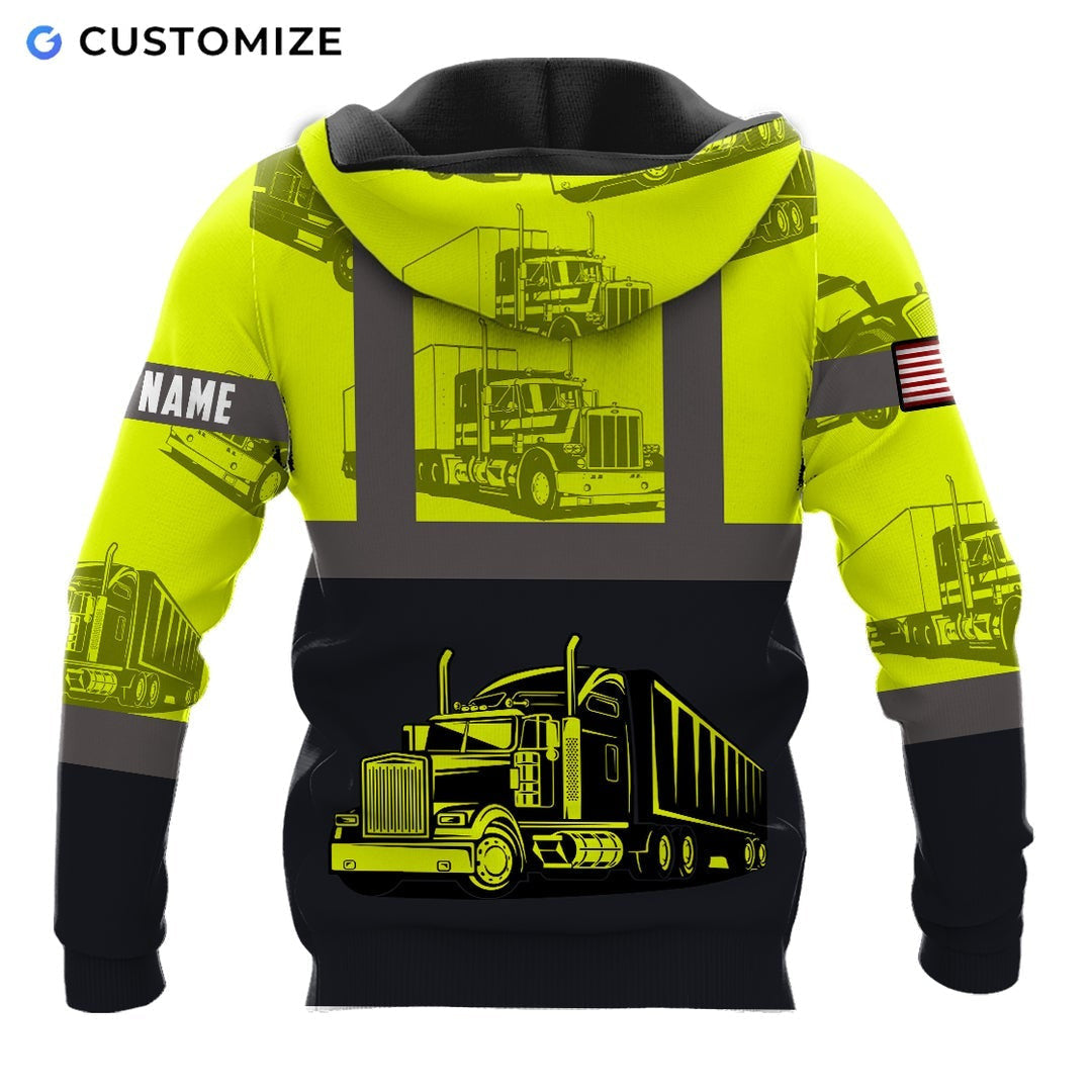 Personalized trucker hoodie featuring yellow black semi truck panels all-over print, back view