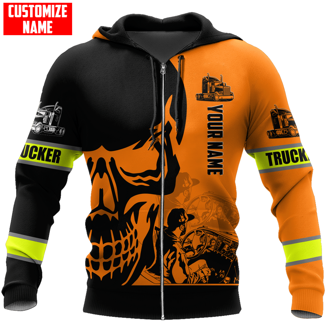 Personalized trucker zip hoodie featuring orange black trucker skull all-over print, zip-front design