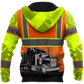 Personalized trucker hoodie featuring orange vest print semi truck all-over print, back view