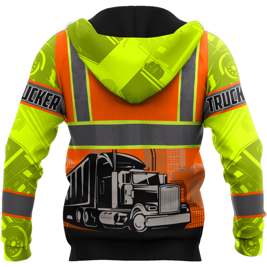Personalized trucker hoodie featuring orange vest print semi truck all-over print, back view