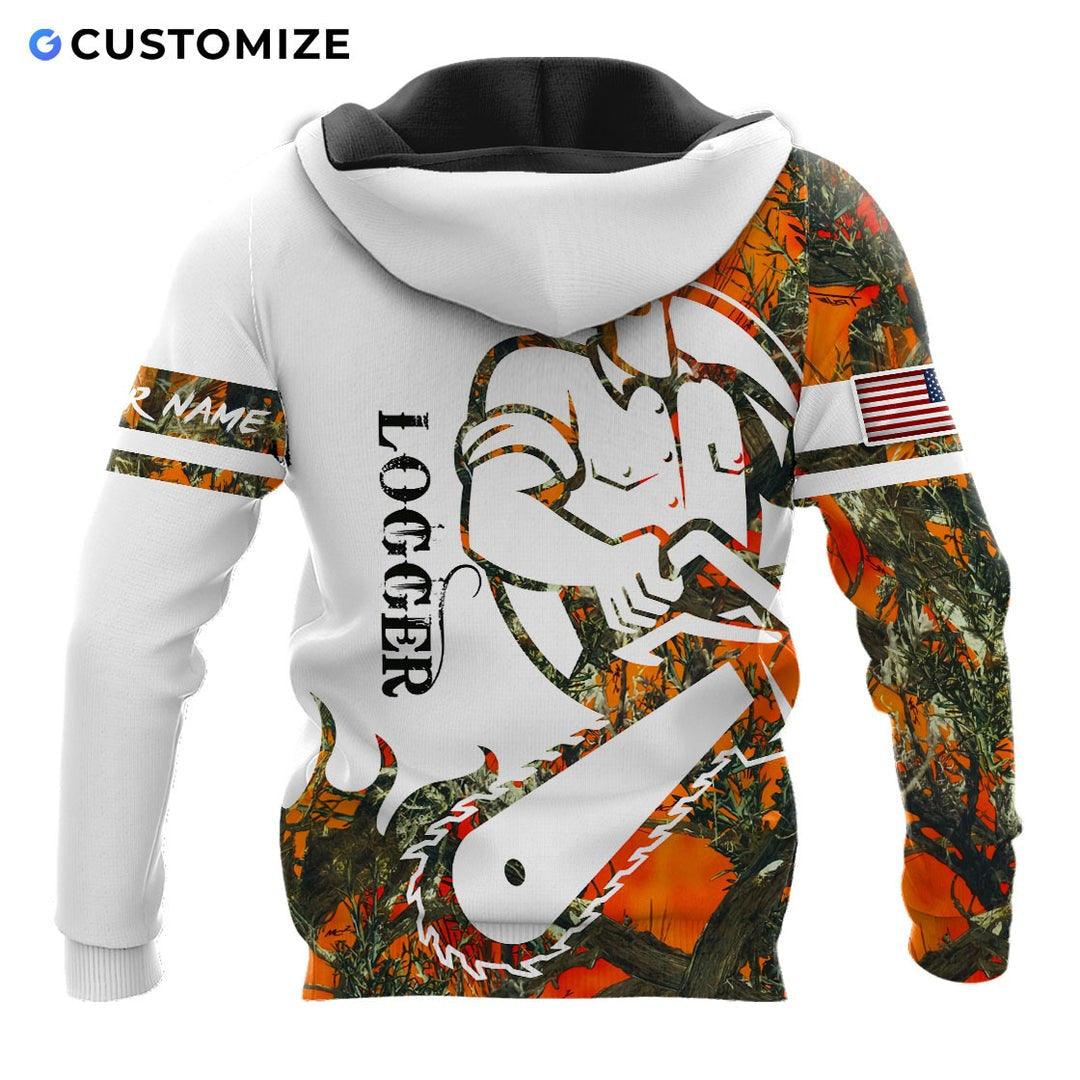 Personalized logger hoodie featuring white camouflage cartoon lumberjack all-over print, back view
