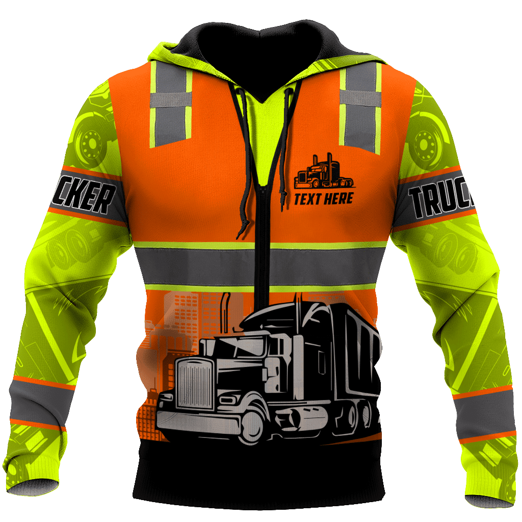 Personalized trucker hoodie featuring orange vest print semi truck all-over print